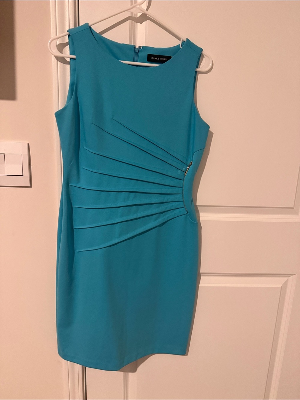 Ivanka Trump Turquoise Sleeveless Sheath Dress with Fan Pleat Detail